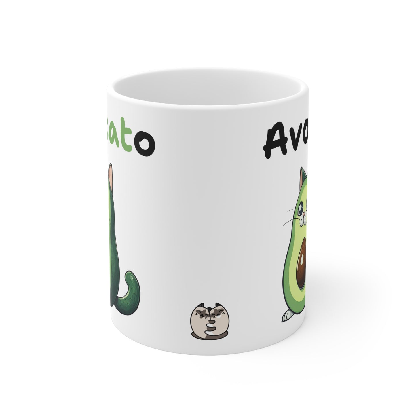 White mug with avocado-themed designs and text on a white background
