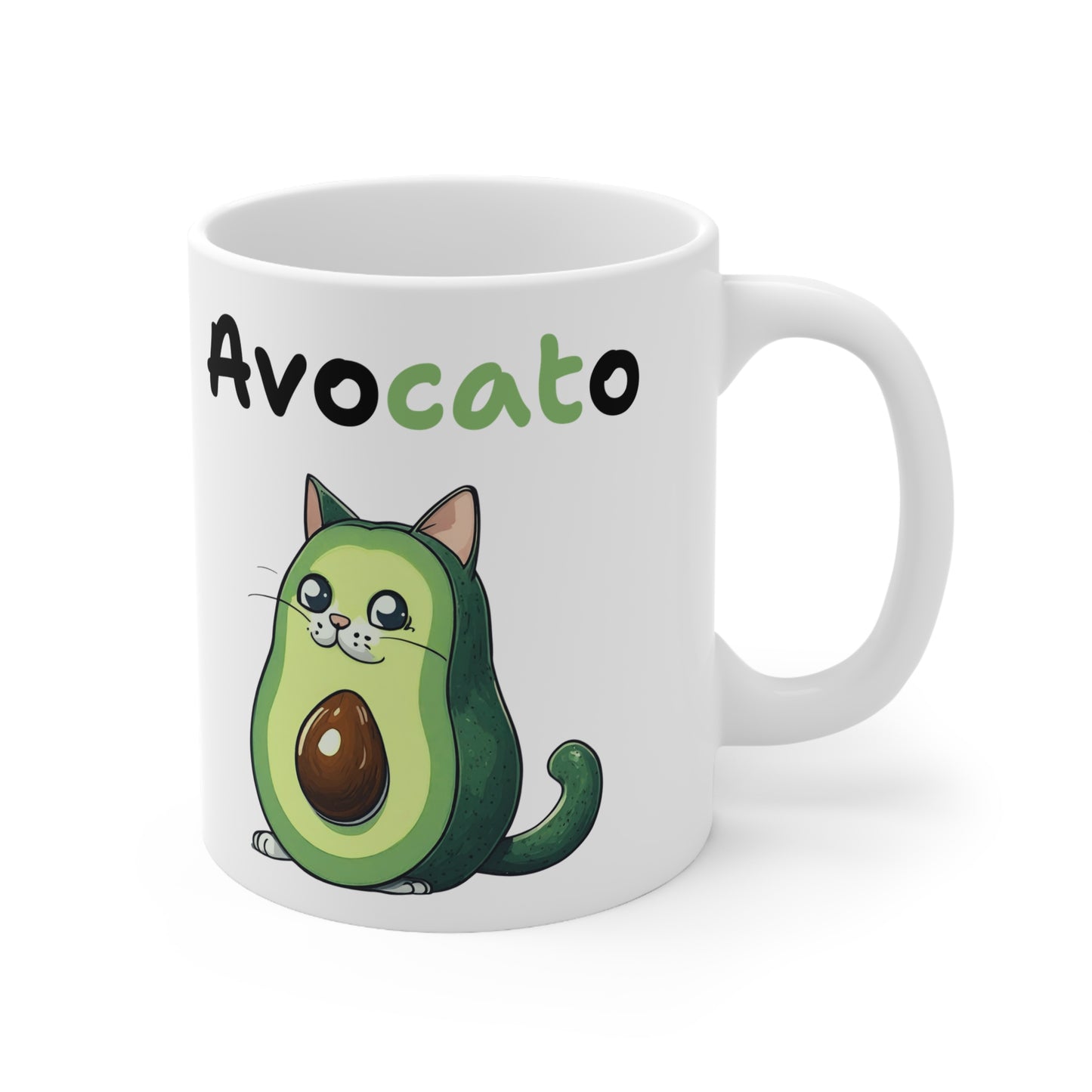 White mug with a cartoon avocado cat design and 'Avocato' text on a white background