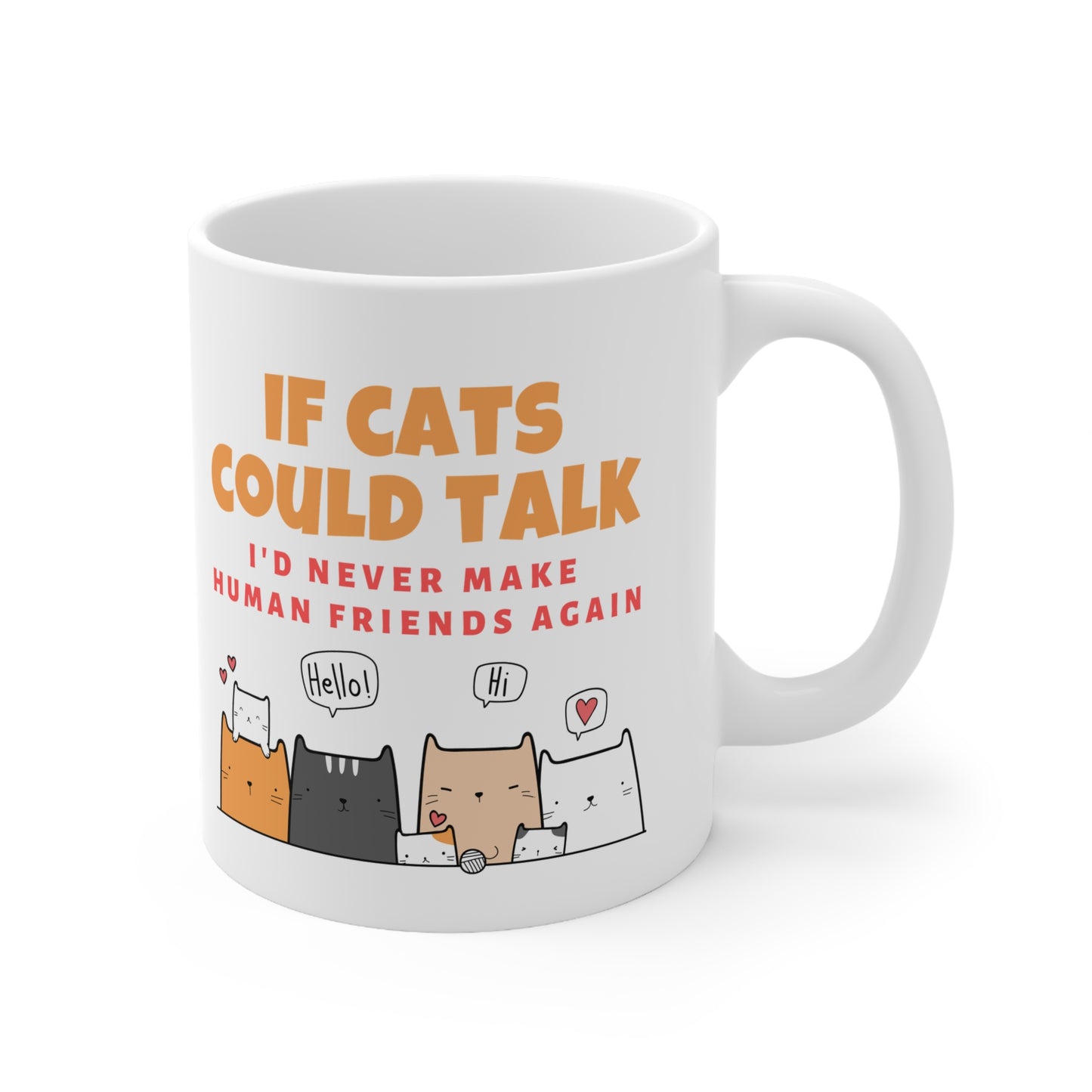 White mug with cat-themed design and text on a white background