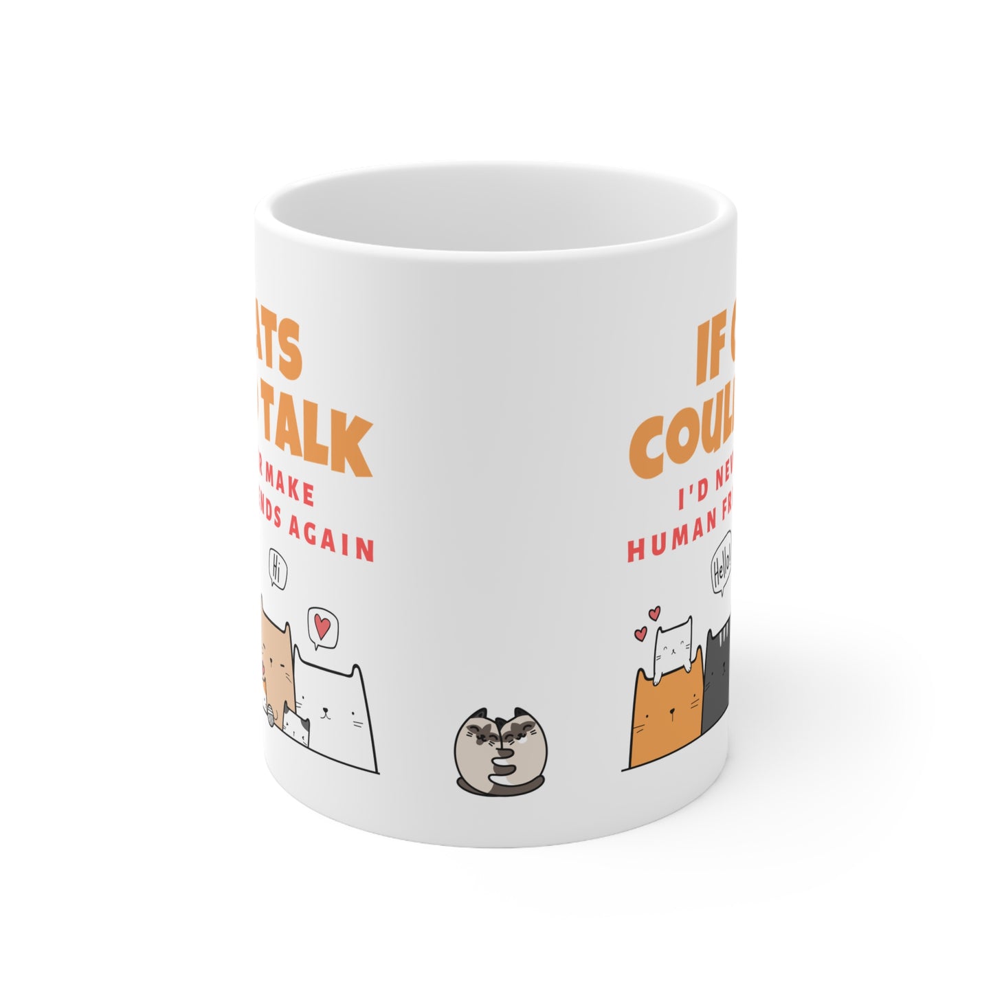 White mug with cat illustrations and text on a white background