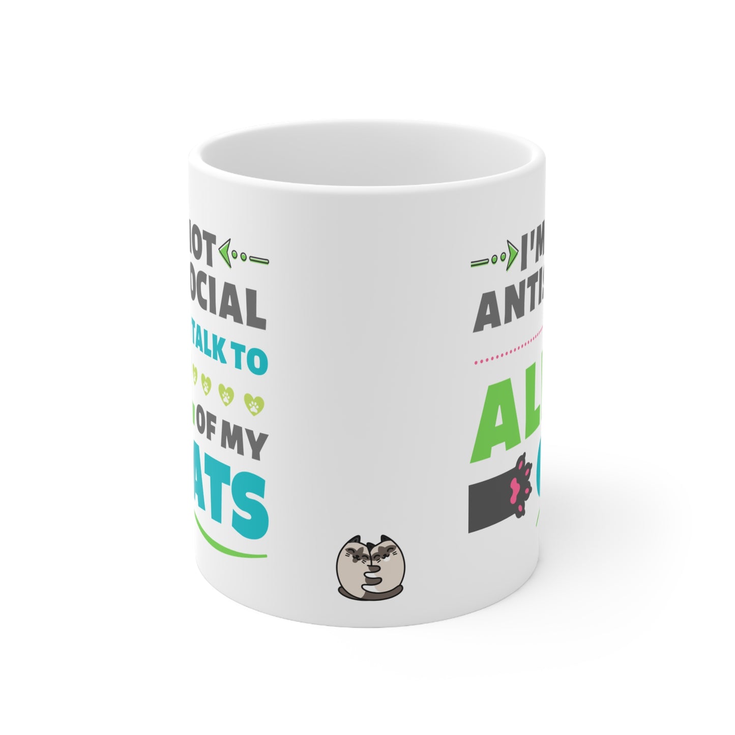 White mug with humorous text and graphics on a white background