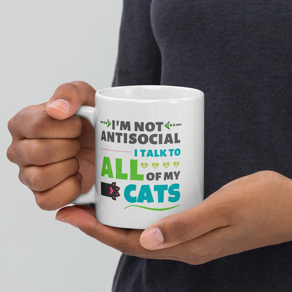 Person holding a white mug with humorous text about cats on a plain background
