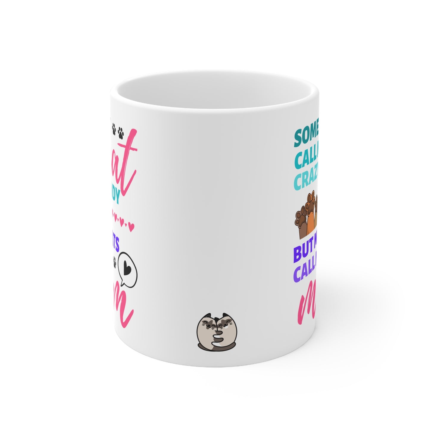White mug with colorful text and graphics on a white background