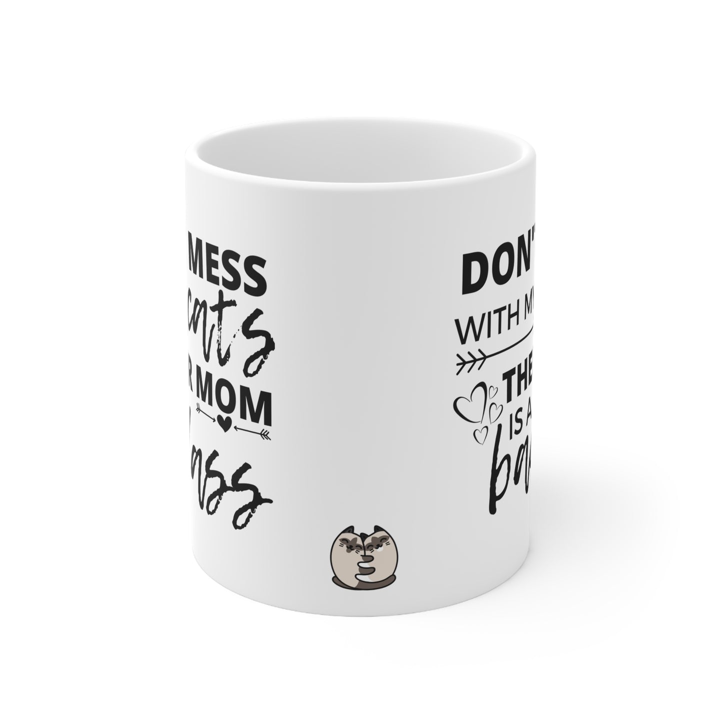 White mug with black text and graphics on a white background