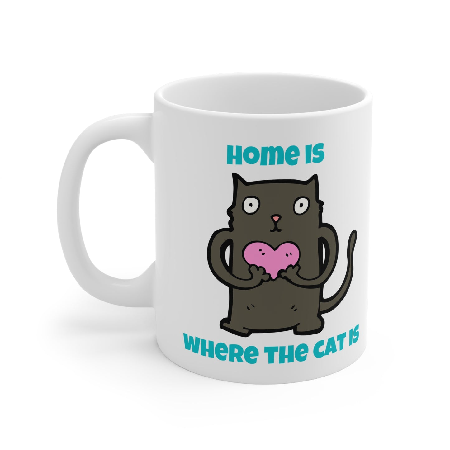 White mug with a black cat holding a pink heart and text 'Home is where the cat is' on a white background