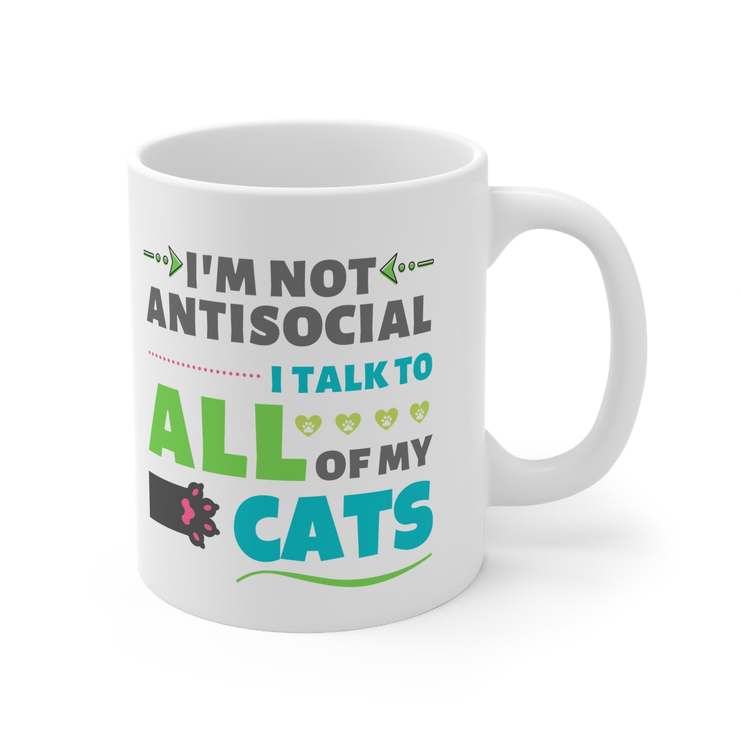 White mug with humorous text about cats on a white background