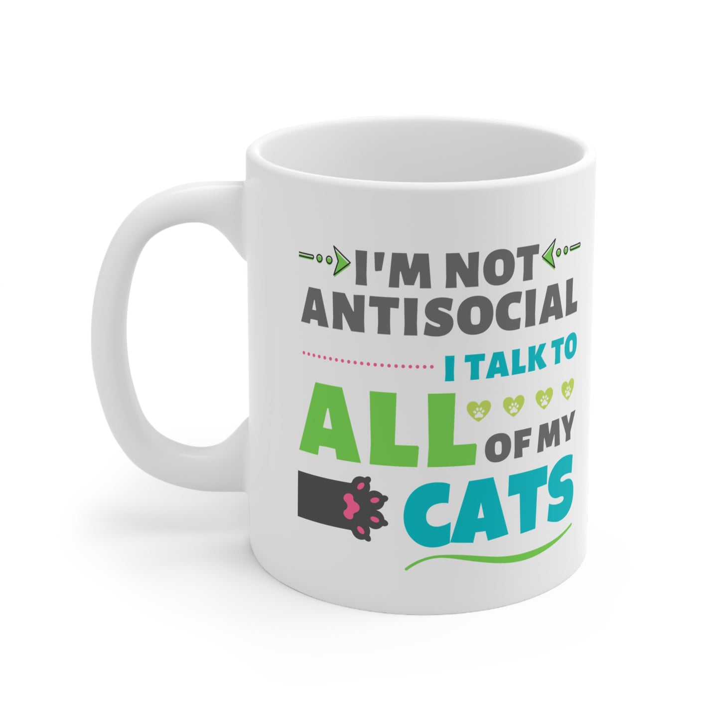 White mug with humorous text about cats on a white background
