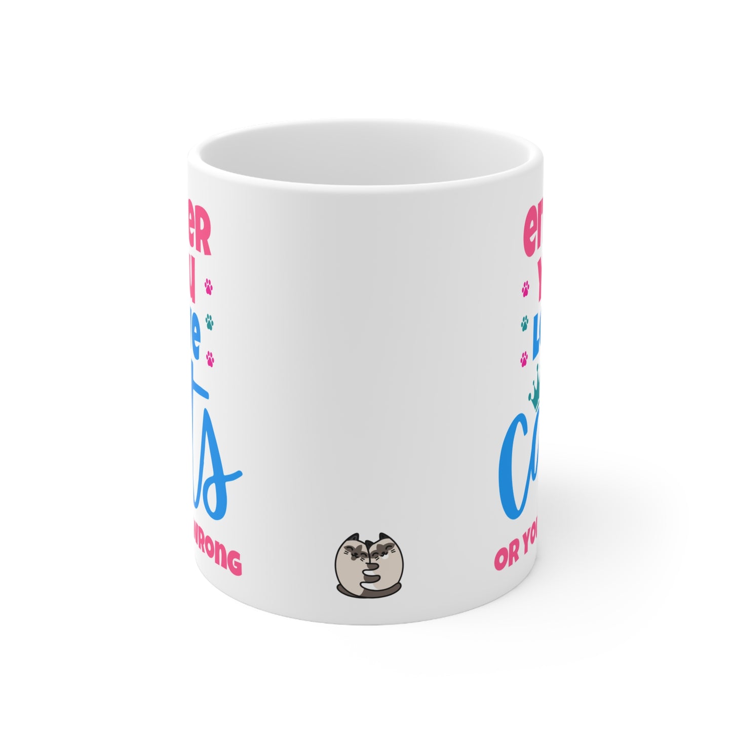White mug with colorful text and a small graphic on a white background