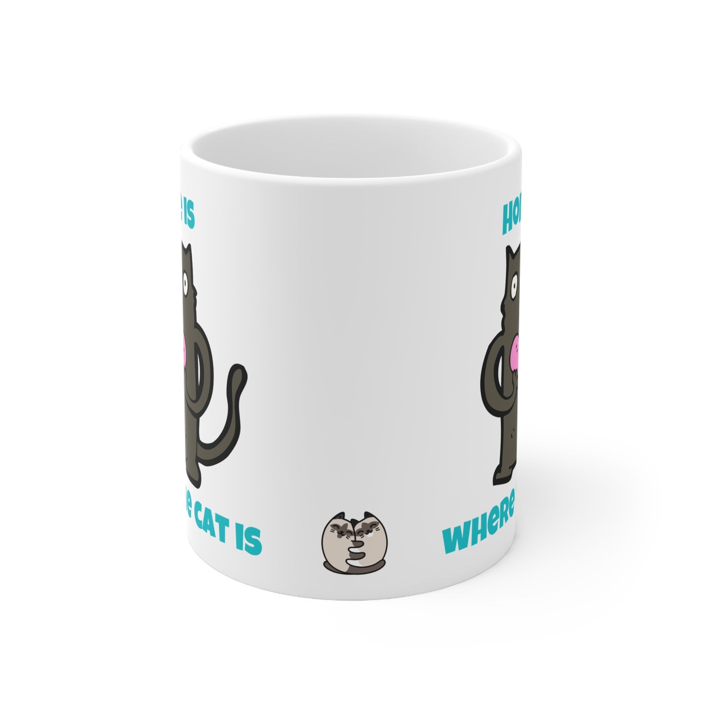 White mug with cartoon cat illustrations and text on a white background