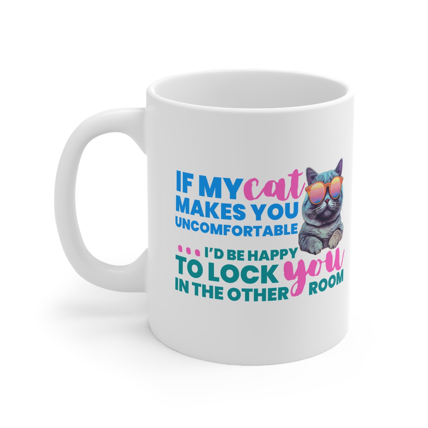 White mug with a cat graphic and humorous text on a white background