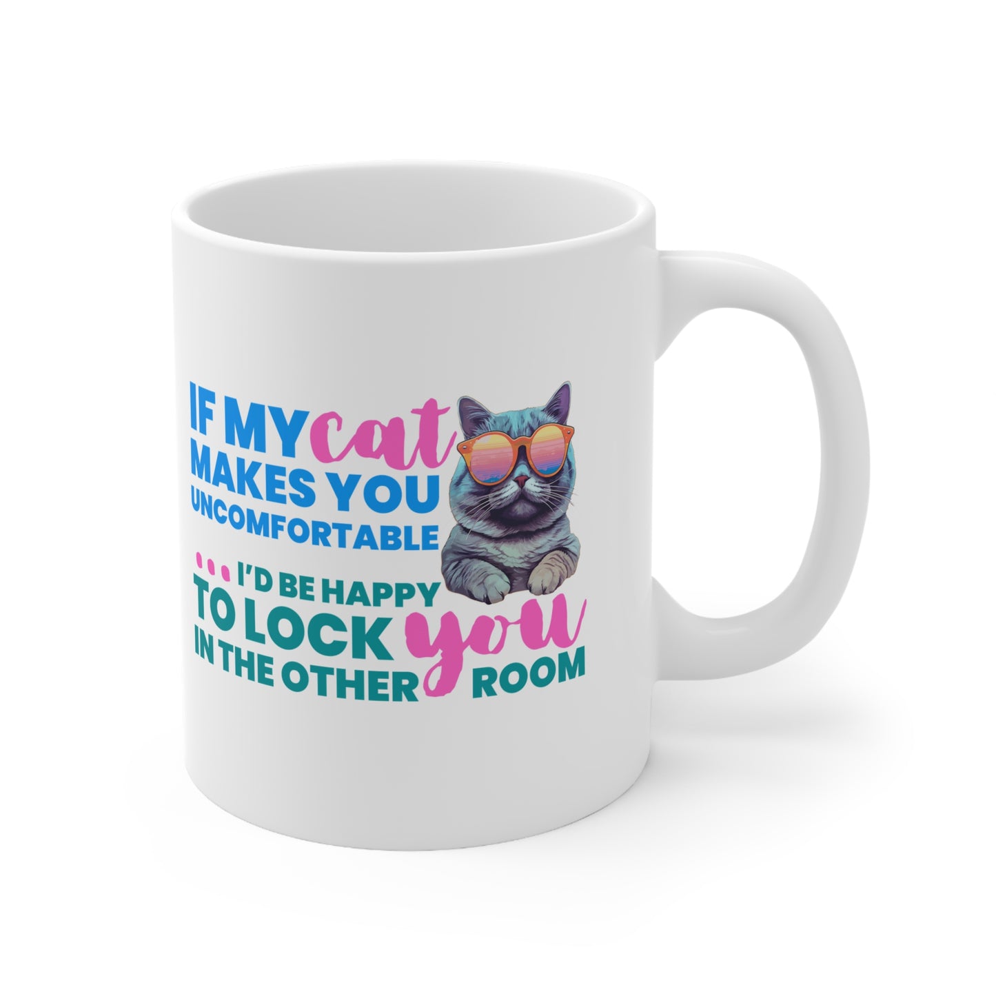 White mug with a cat graphic and humorous text on a white background