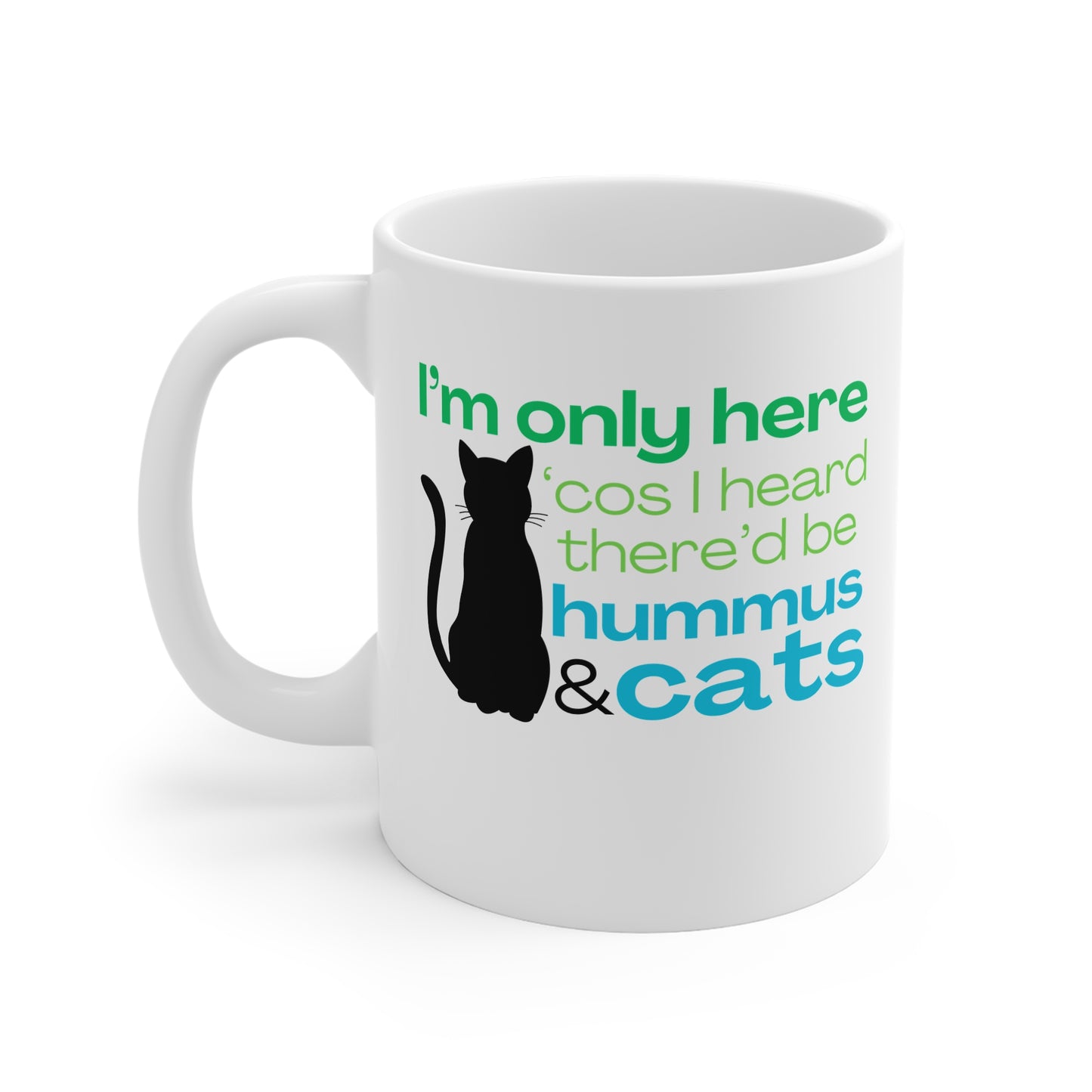 White mug with a black cat illustration and humorous text on a white background