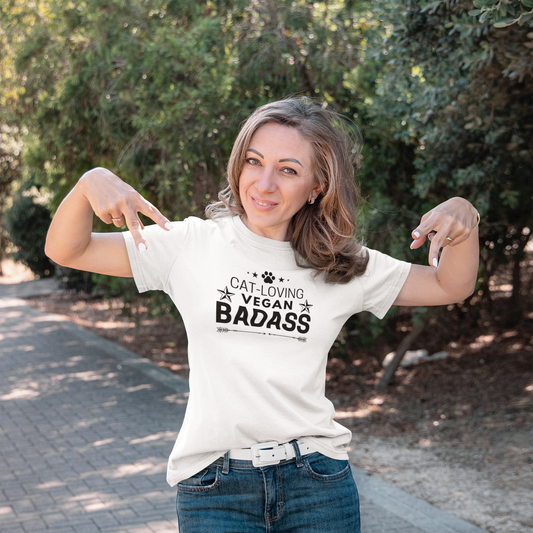 t-shirt for vegan cat lovers and cat moms. Perfect gift for plant-based cat ladies