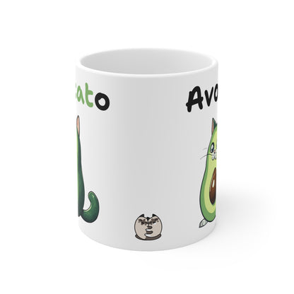 White mug with avocado-themed designs and text on a white background