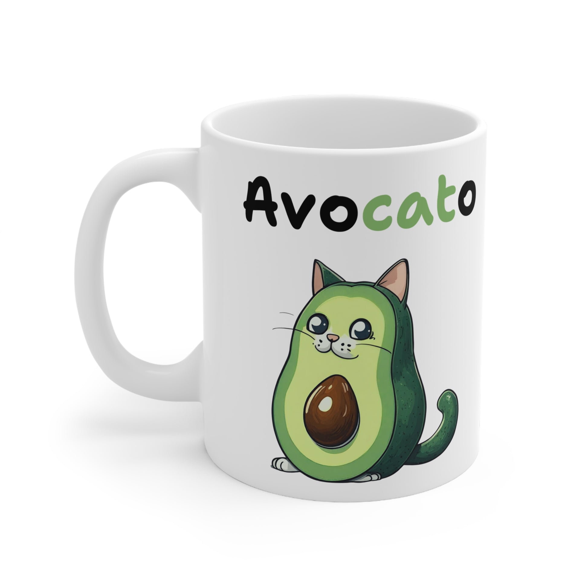 Mug with avocado-themed design and 'Avocato' text on a white background