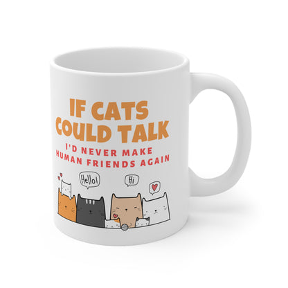 White mug with cat-themed design and text on a white background