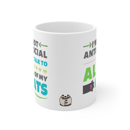 White mug with humorous text and graphics on a white background