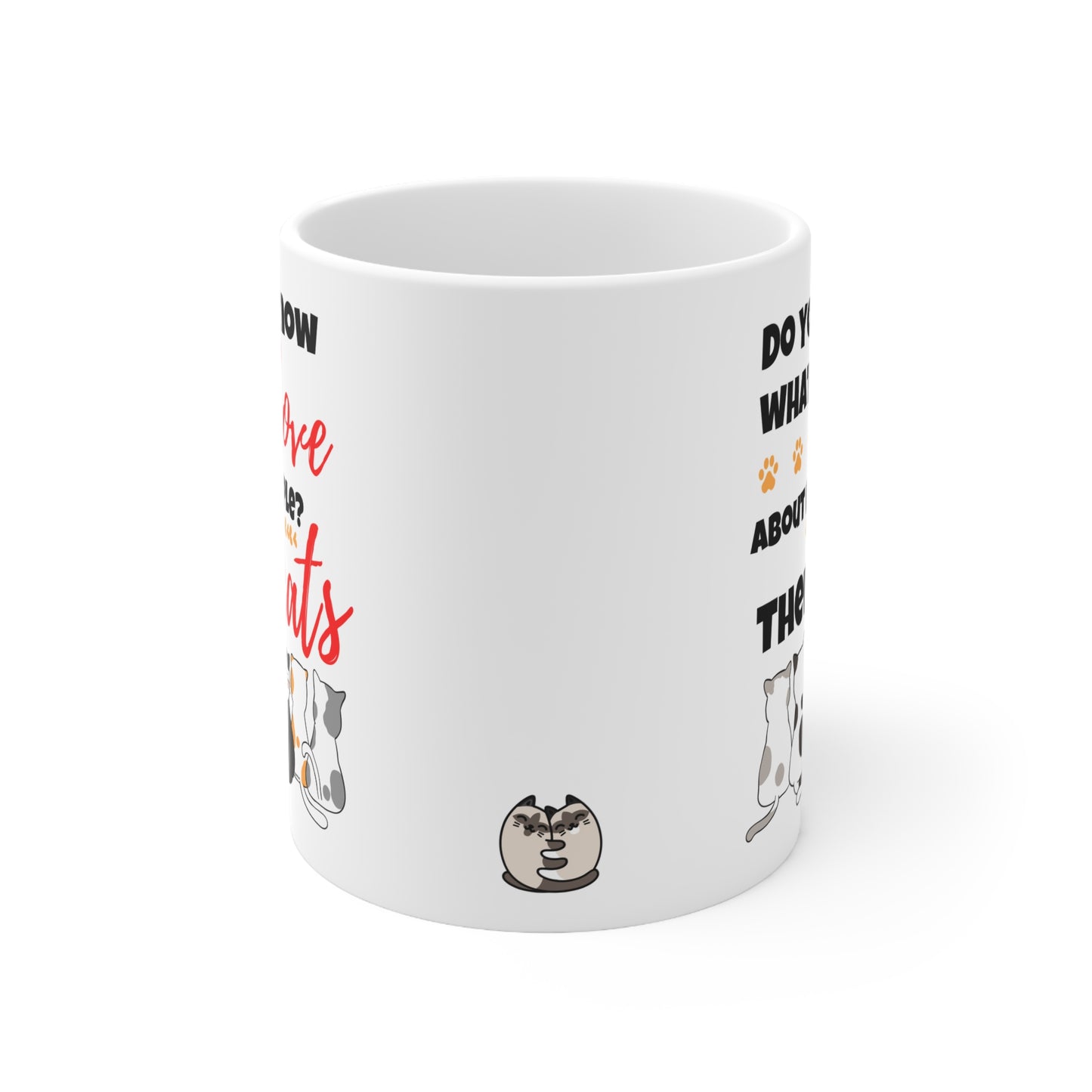 White mug with cat-themed designs and text on a white background