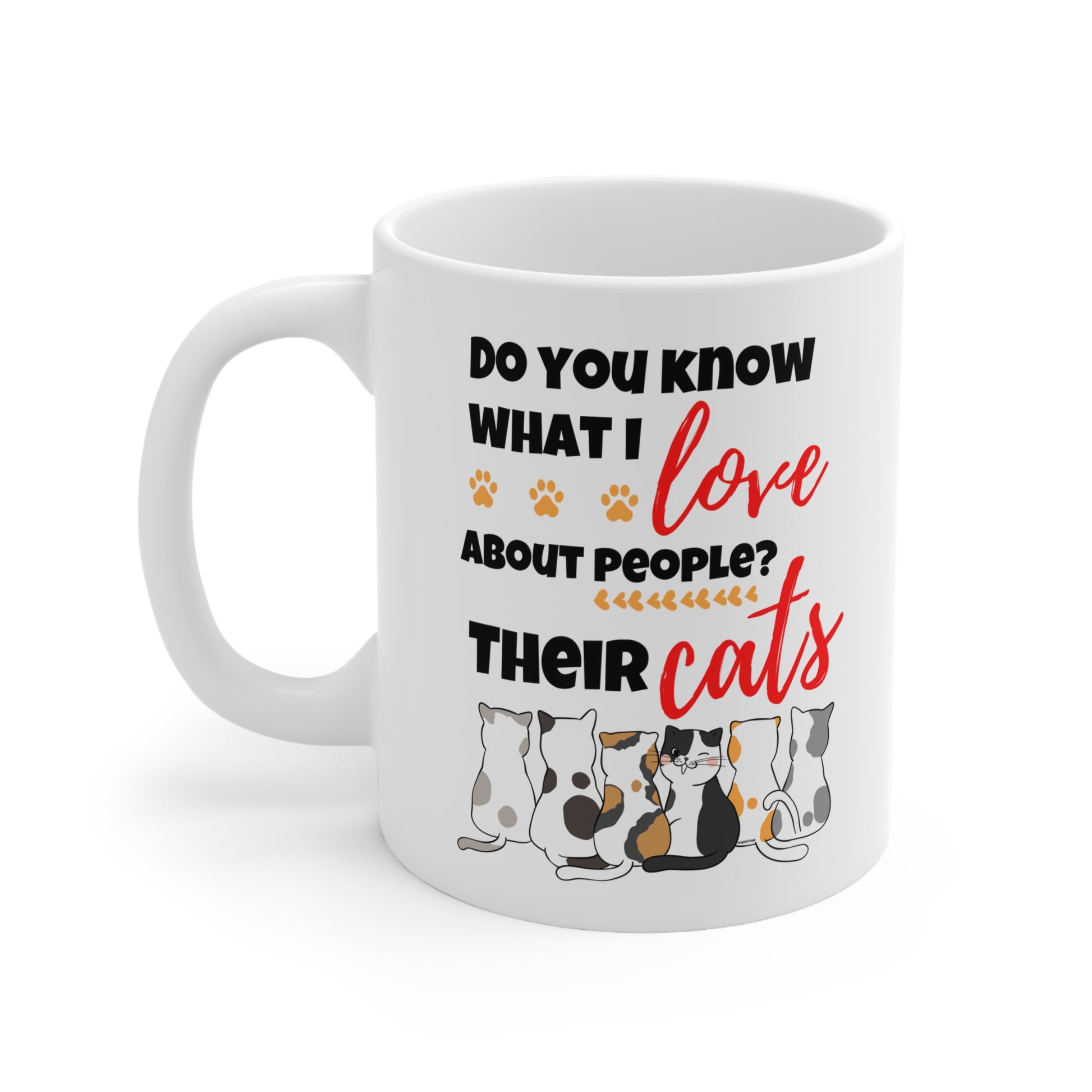 White mug with cat-themed text and illustrations on a white background