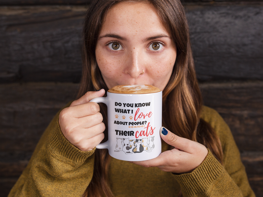 Woman holding a mug with a humorous text design against a wooden wall background