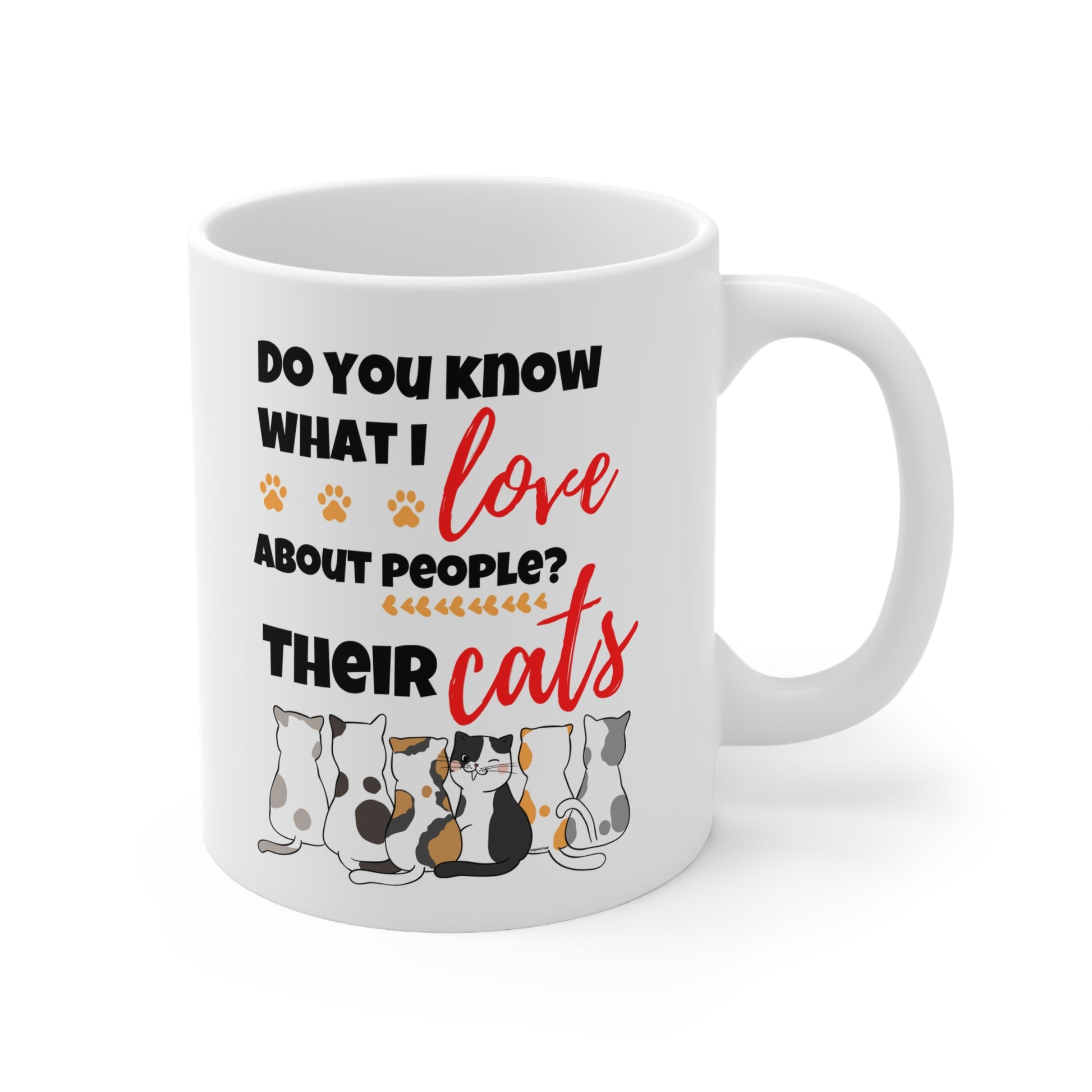 White mug with cat-themed text and illustrations on a white background