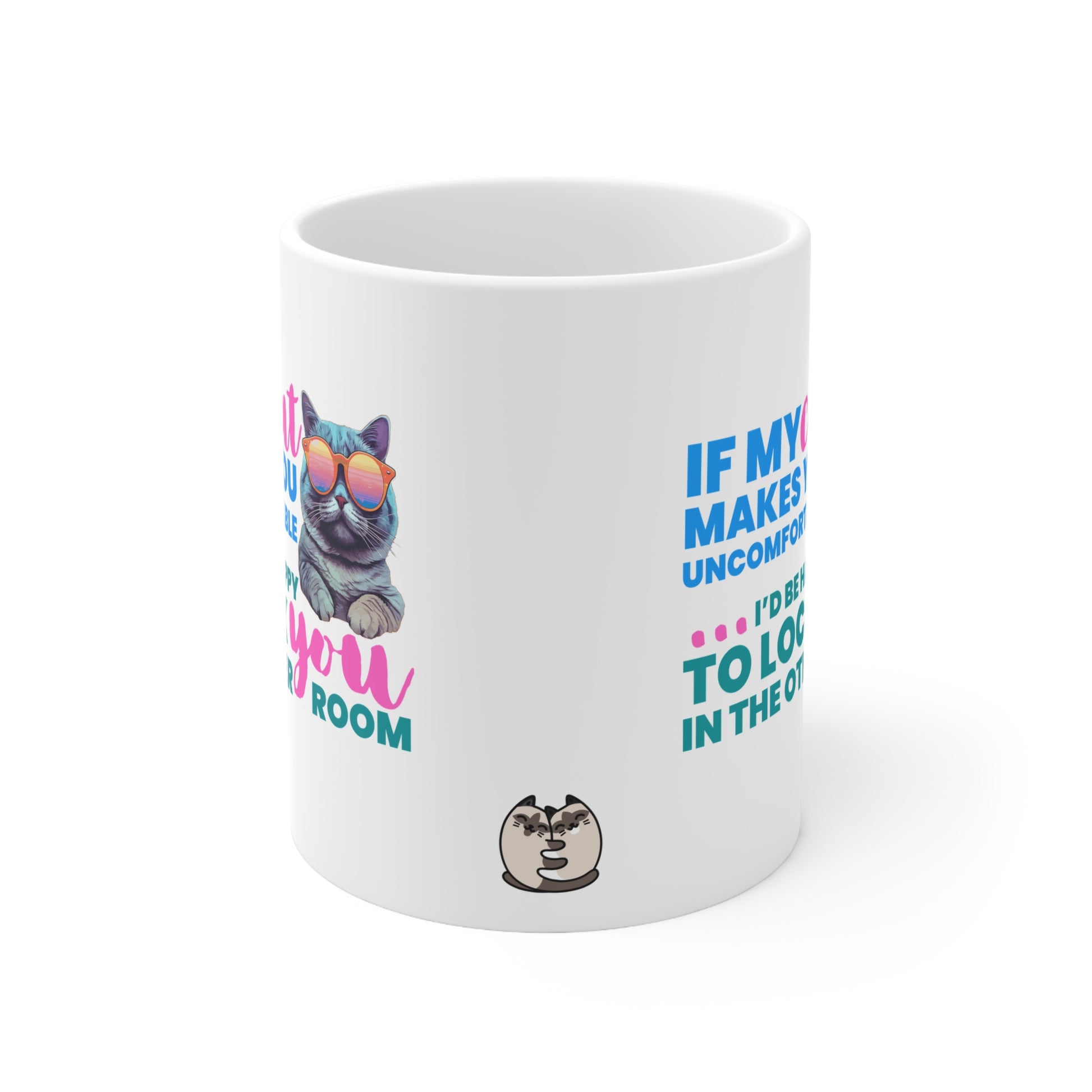 White mug with a cat graphic and humorous text on a white background