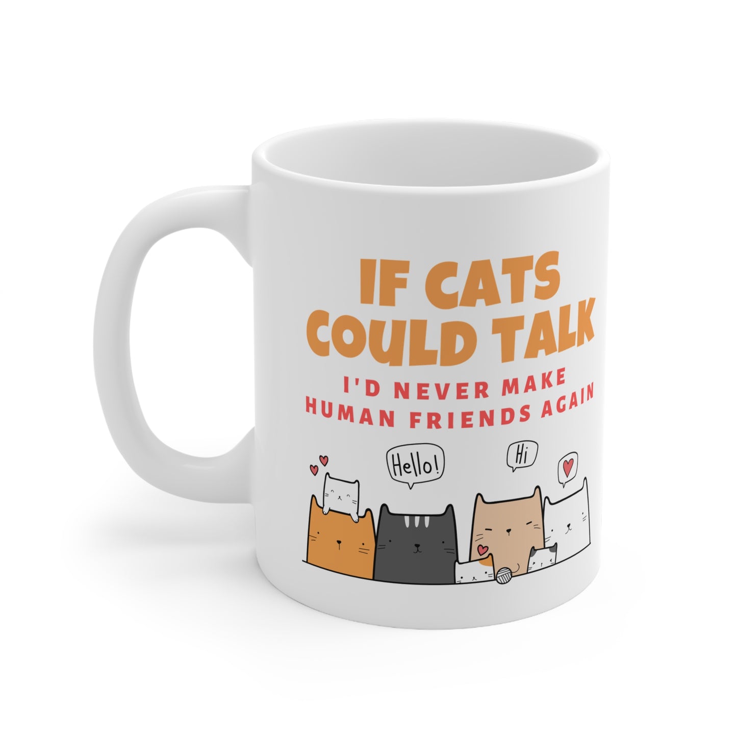 White mug with cat-themed design and text on a white background