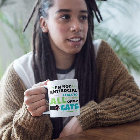 Person holding a mug with text about talking to cats, sitting indoors.