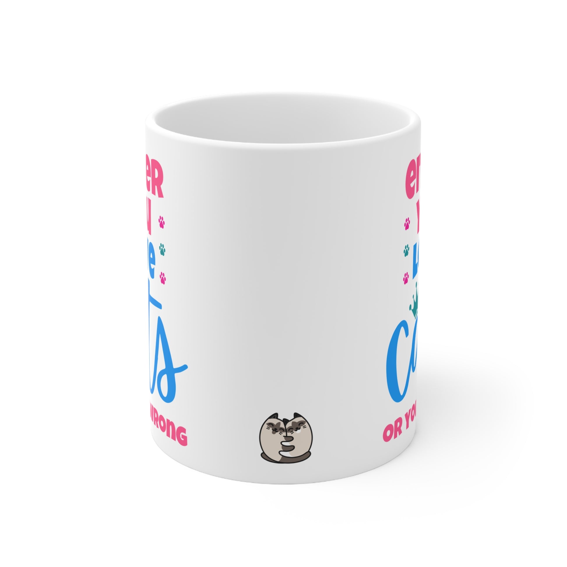 White mug with colorful text and a small graphic on a white background