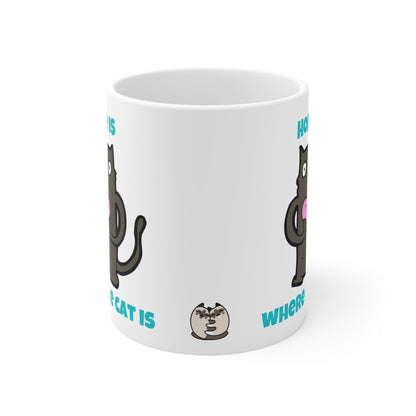 White mug with cartoon cat illustrations and text on a white background
