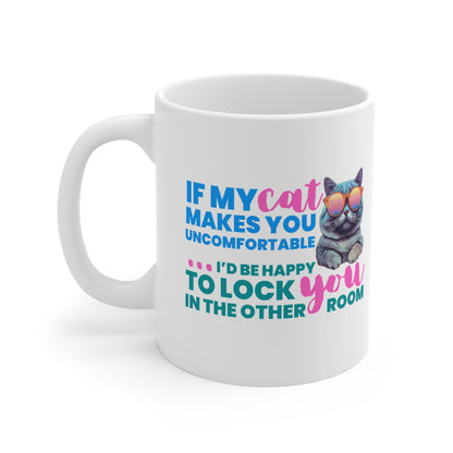 White mug with a cat graphic and humorous text on a white background