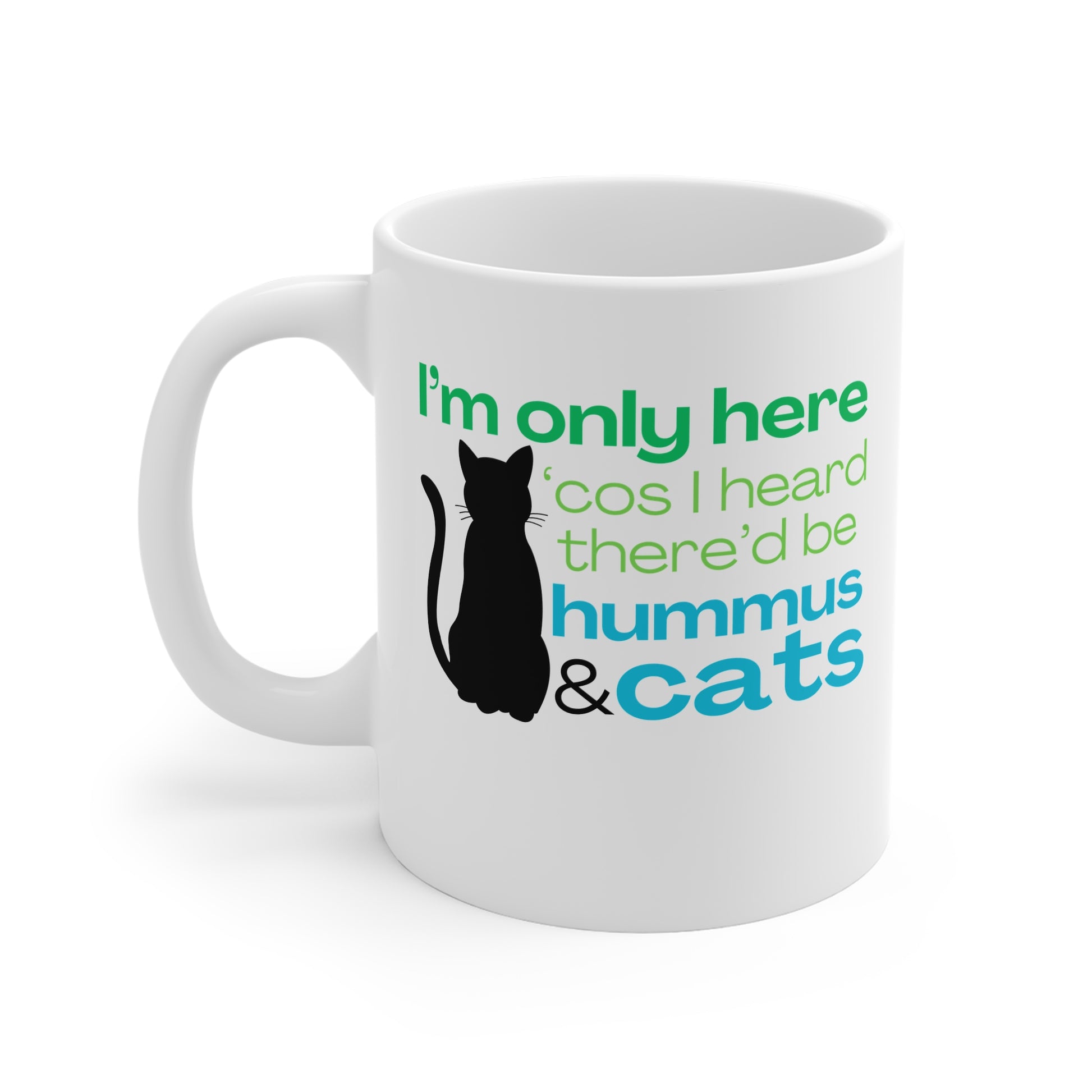 White mug with a black cat illustration and humorous text on a white background