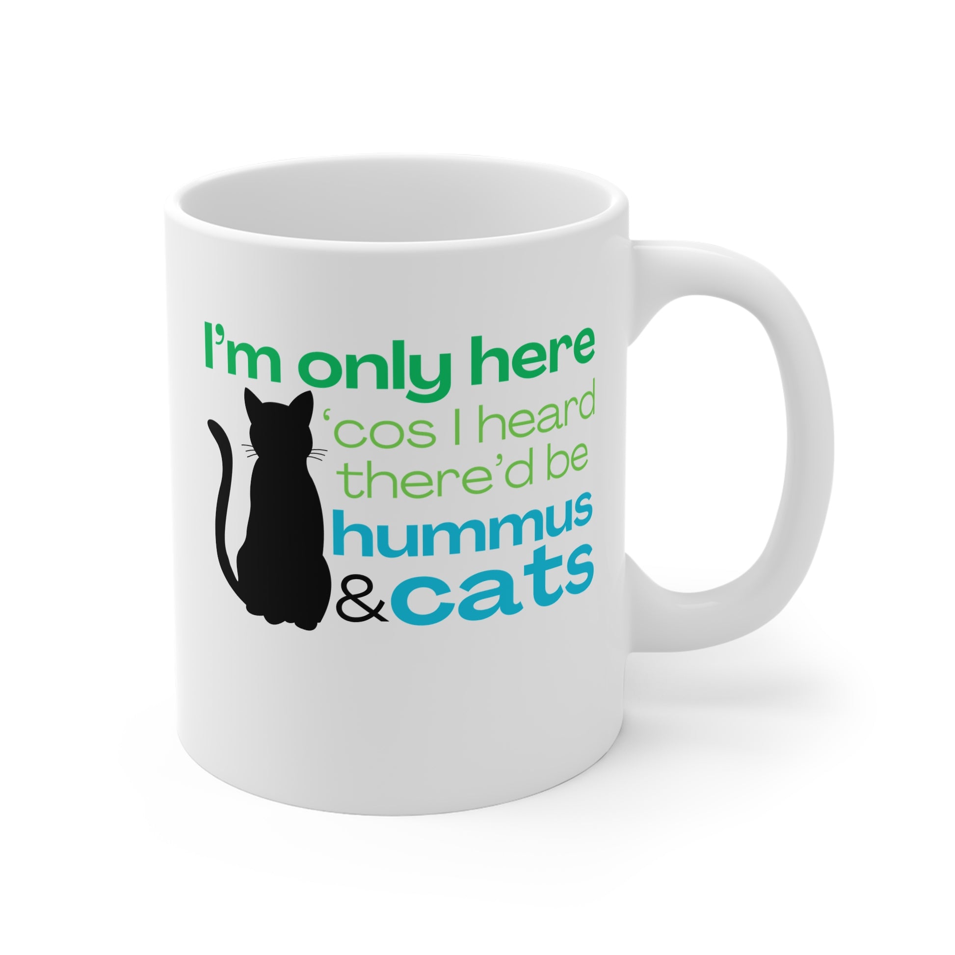 White mug with humorous text and cat illustration on a white background
